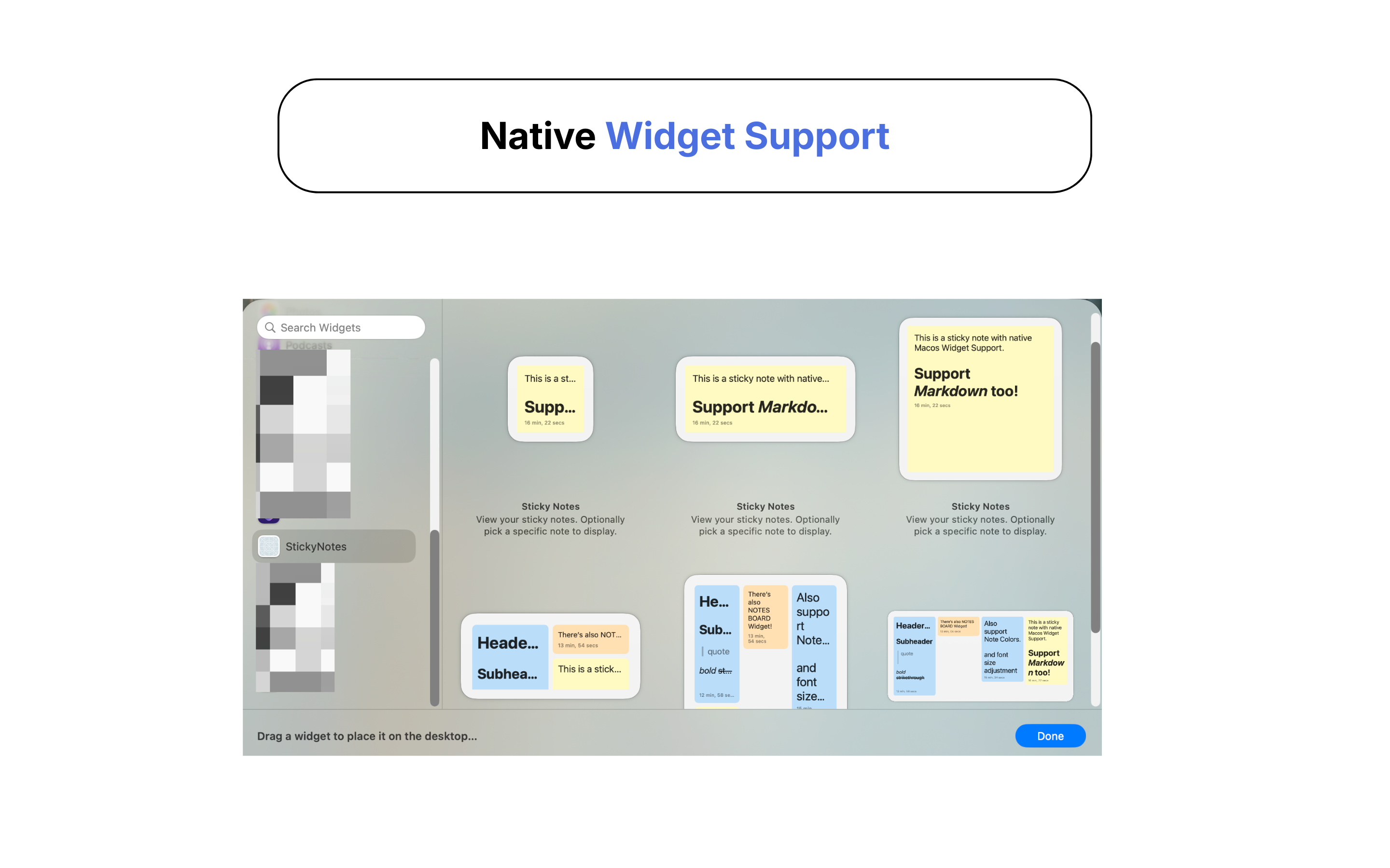 Native macOS widget picker showing Sticky Notes widgets